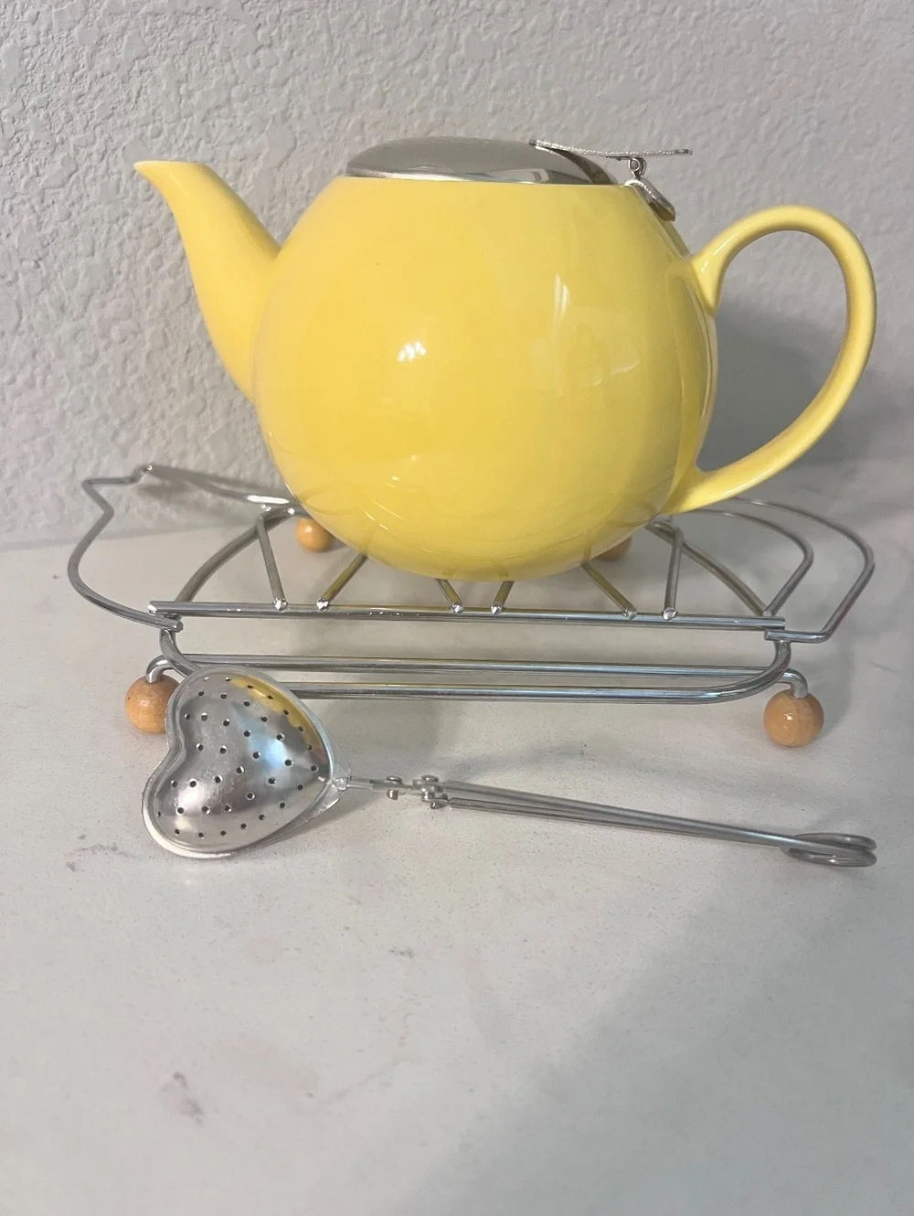 Yellow Ceramic Teapot w/ Stainless Lid, Teapot Trivet, Heart Tea Infuser SET